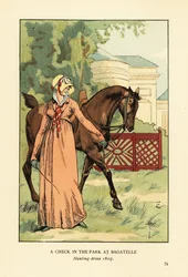 Kvinna i jaktklänning, huva och halsduk som leder en häst i Parc de Bagatelle, Bois de Boulogne, Paris
