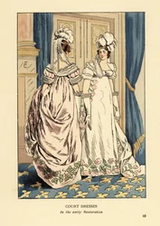 Kvinnor i fjäderhuvudbonader och lyxiga broderade klänningar, kung Ludvig XVIII:s hof, ca 1817. Interiör med blå gardiner och fleur de lys matta. Hovklänningar i den tidiga restaureringen, Paris. Handkolorerad litografi av R.V. efter en illustration