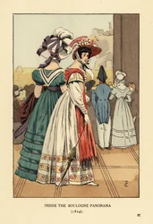 Kvinnor som tittar på den stora stadsbilden inuti Boulogne Panorama, Boulevard Montmartre, Paris
