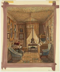 Teckning, interiör av omklädningsrum med tälttak, 1848