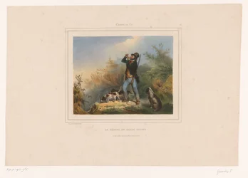 Viltvårdare med tre jakthundar Le départ du garde chasse (titel på objekt) Jägare med vapen (serietitel) Chasses au Tir (serietitel på objekt)