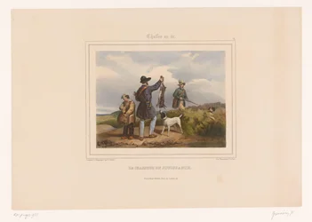Hunter visar andra jägare sin skjutna hare Le chasseur en jouissance (titel på objekt) Jägare med vapen (serietitel) Chasses au Tir (serietitel på objekt)