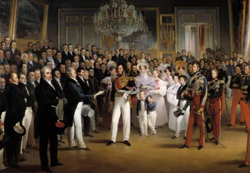 Revolutionen 1830: "" Deputeradekammaren överlämnar till hertigen av Orleans, Louis Philippe I (1773-1850), handlingen som kallar honom till tronen och stadgan från 1830, på det kungliga palatset, den 7/08/ 1830”” Detalj. Målning av Francois Joseph Heim (1