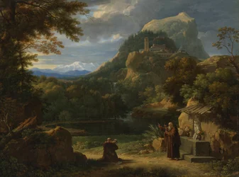 Sankt Antonius av Padua introducerar två noviser till bröder i ett bergigt landskap