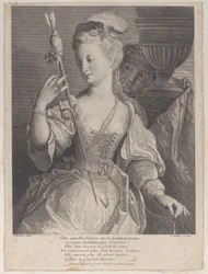 Ung kvinna spinner tråd för en pil, 1686-1741.