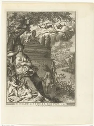 Muse och putti sitter vid poeten Arnold Moonens grav Titelsida för: Arnold Moonen, Continued der poëzye, Delft 1720 Fortsättning av A. Moonens Poezy (titel på objekt)