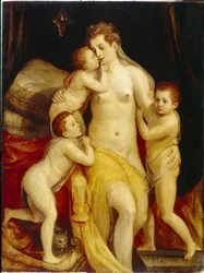 Allegori om välgörenhet. Tre barn med medkännande uttryck närmar sig ömt sin sorgsna mamma för att trösta henne. Målning av Frans Floris ljumsken (1519-1570), olja på trä. holländsk konst