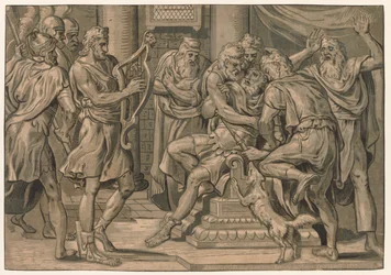 David spelar harpan före Saul, 1555.