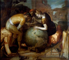 Geometri. Allegori och personifikation av Geometrin som håller en passare över en glob. Olika geometriska instrument är placerade i förgrunden. Målning av Frans Floris (1515-1570). Flamländsk konst. Privat samling, Genua.