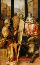 Saint Luke målar Jungfru Maria (olja på panel)
