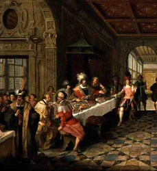 Detalj av högtiden från Salome som presenterar huvudet av Johannes Döparen för kung Herodes