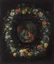 Krans av blommor med tillbedjan av herdarna, ca. 16251630
