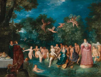 Diana och hennes nymfer badar, med en svensexa i bakgrunden, ca 1606.