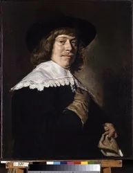 Porträtt av en man som håller en handske. Porträtt av en ung man som håller en handske. Målning av Frans Hans Hals I (1581-1666), ca 1650. Olja på duk. Holländsk konst, barockstil. Eremitagemuseet, Sankt Petersburg.