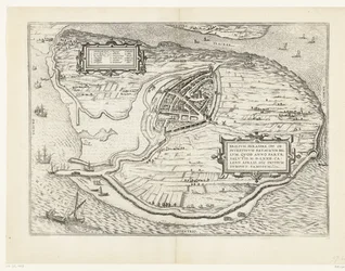 Karta för eiland Voorne en plattegrond van Brielle, 1572 Brillium, Holland op. på grund av det inbördes holländska kriget, som året för segern för frälsningen 72 e.Kr. i aprilhettan började han här, berömd (titel på objekt)