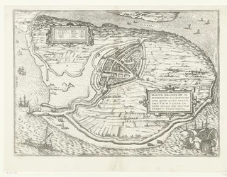Karta för eiland Voorne en plattegrond van Brielle, 1572 Brillium, Holland op. på grund av det inbördes holländska kriget, som året för segern för frälsningen 72 e.Kr. i aprilhettan började han här, berömd (titel på objektet)