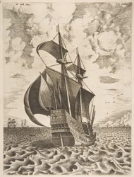 Beväpnad fyrmästare seglar mot en hamn från segelfartygen, 1561-65.