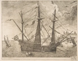 Beväpnad tremästare ankrade nära en stad från segelfartygen, ca. 1555-56.