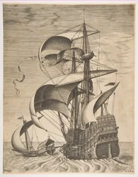 Beväpnad tremästare på öppet hav tillsammans med ett kök, från serien Sailing Ves..., 1561-65.