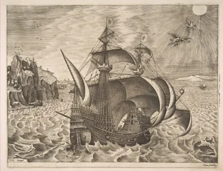 Beväpnad tremästare med Daedalus och Ikaros i himlen från Segelfartygen, 1561-65.