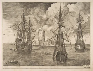 Fyrmästare vänster och två tremästare ankrade nära en befäst ö med ett ljus..., 1561-65.