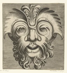 Mask med skägg och mustasch med lockar, en tofs lockar vilar på näsroten Pourtraicture ingenieuse de plusieurs facons de masques... (serietitel)