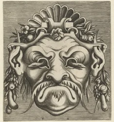 Mask med två ormar som tittar ut ur ögonhålorna Pourtraicture geniala de plusieurs facons de masques... (serietitel)