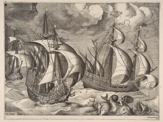 Tre karaveller i en stigande storm med Arion på en delfin från The Sailing Vessels, 1561-65.