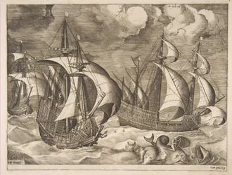 Tre karaveller i en stigande storm med Arion på en delfin från The Sailing Vessels, 1561-65.