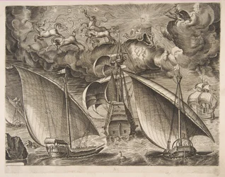 Två galärer som seglar bakom en beväpnad tremästare med Phaeton och Jupiter i himlen, f..., 1561-65.