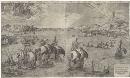 Zeeslag i Straat van Messina Optisk teckning av de sicilianska kusterna eller Mamertine vulgo och Messinas fyr (titel på objektet)