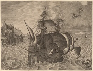 Beväpnad tremästare med Daedalus och Ikaros i himlen