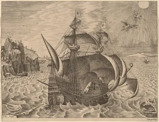 Beväpnad tremästare med Daedalus och Ikaros i himlen