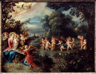 Madonna har barnet i ett landskap omgivet av musiker och dansande änglar. Målning av Frans Le Jeune Franken (1581-1642) Ec. Flam.