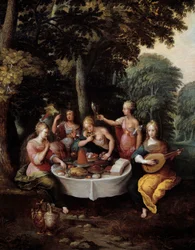De fem sinnena unga kvinnor i ett landskap med bankett (smak), musik (hör), spegel (syn), bukett blommor (doft) och smekning (beröring). Detalj. Målning av Franz (Frans) Francken II le Jeune (1581-1642)