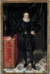 Porträtt till fots av Henrik IV (1553-1610) Kungen bär insignierna för den Helige Andes Orden (Den Helige Andes Orden). Målning av Frans Pourbus Le Jeune (Francois (Franz) Porbus