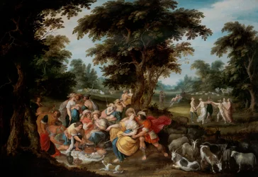 Arcadia: Ett pastoralt landskap med herdar och herdinna som picknickar