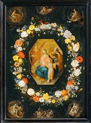 Den heliga familjen omgiven av en blomsterkrans ...
