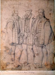 Porträtt av de tre Coligny: kardinal Odet (1515-1571), Gaspard (1517-1572), amiral av Frankrike och Francois (1521-1569), herre av Andelot. Teckning tillskriven Frans (Francois (Franz) Pourbus l