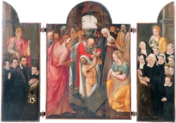 Triptyk: Lazarus höjning i det centrala facket med en knästående manlig donator, presenterad av St. Jacob och hans söner på vänster flygel, hans hustru knästående, presenterad av St. Catharine och hennes döttrar på den högra flygeln