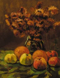 Äpplen, apelsiner och en vas med blommor på ett bord (olja på panel)