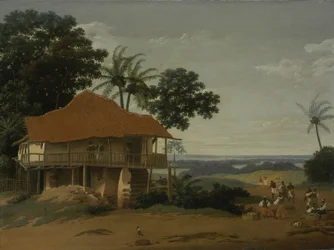 Brasilianskt landskap med ett arbetarhus, ca 1655 (olja på trä)