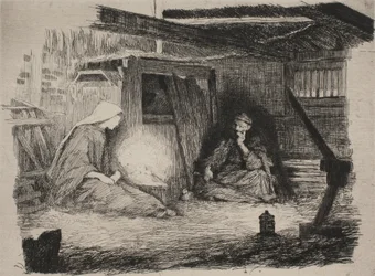 Maria, Kristusbarnet och Josef på julmorgon