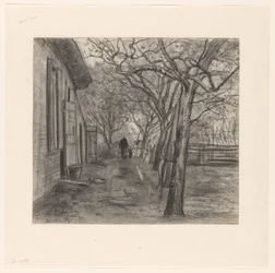 Gård med träd, kvinna och barn