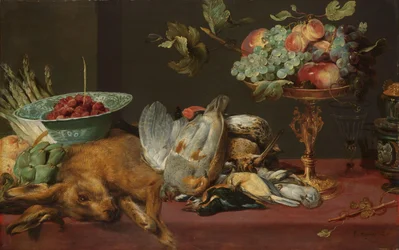 Stilleben med dött vilt, frukt och grönsaker