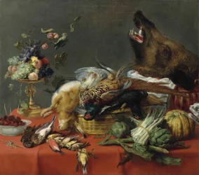 Draperat bord fyllt med vilt, frukt, grönsaker och ett vildsvinshuvud