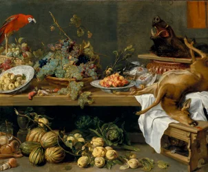 Stilleben med frukt, grönsaker och dött vilt