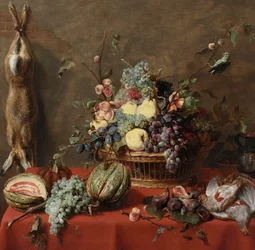 Stilleben med frukt och en död hare