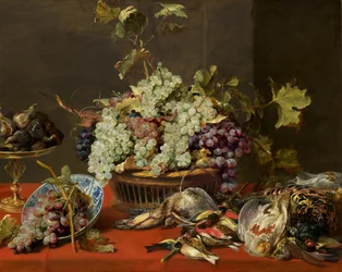 Stilleben med vindruvor och vilt
