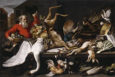 Stilleben med dött vilt, frukter och grönsaker på en marknad, 1614